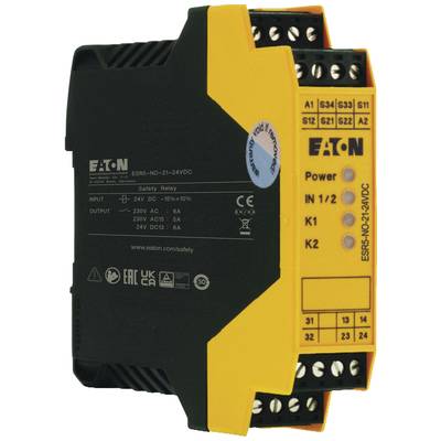 Relais de sécurité Eaton, modèle ESR5-NO-21-24VDC, avec bornes pour l'alimentation électrique et les circuits de commande, certifié CE.