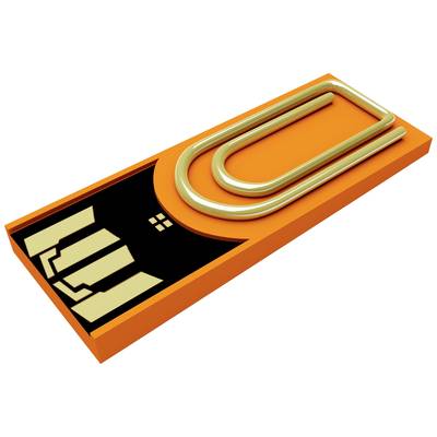 Une figurine de clé USB orange-dorée avec un design de trombone sur sa surface.