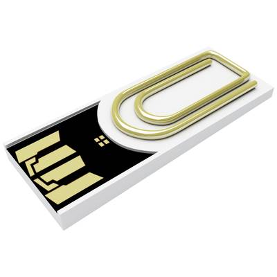 Un support de trombones couleur or en forme de clé USB est posé sur une table. Il n'a aucune fonction de stockage de données.