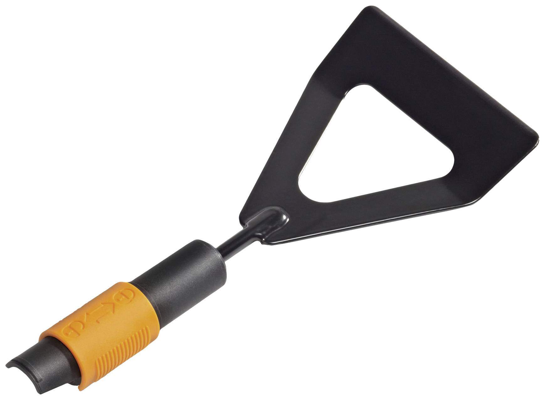 Désherbeur triangulaire avec poignée ergonomique et lame métallique ouverte pour les travaux de jardinage. Idéal pour l'élimination des mauvaises herbes.