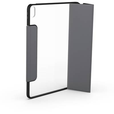 Étui de tablette transparent avec un couvercle rabattable gris, vue de trois-quarts arrière.