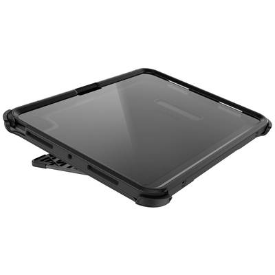 Une tablette noire dans un boîtier protecteur est posée légèrement inclinée sur une table.