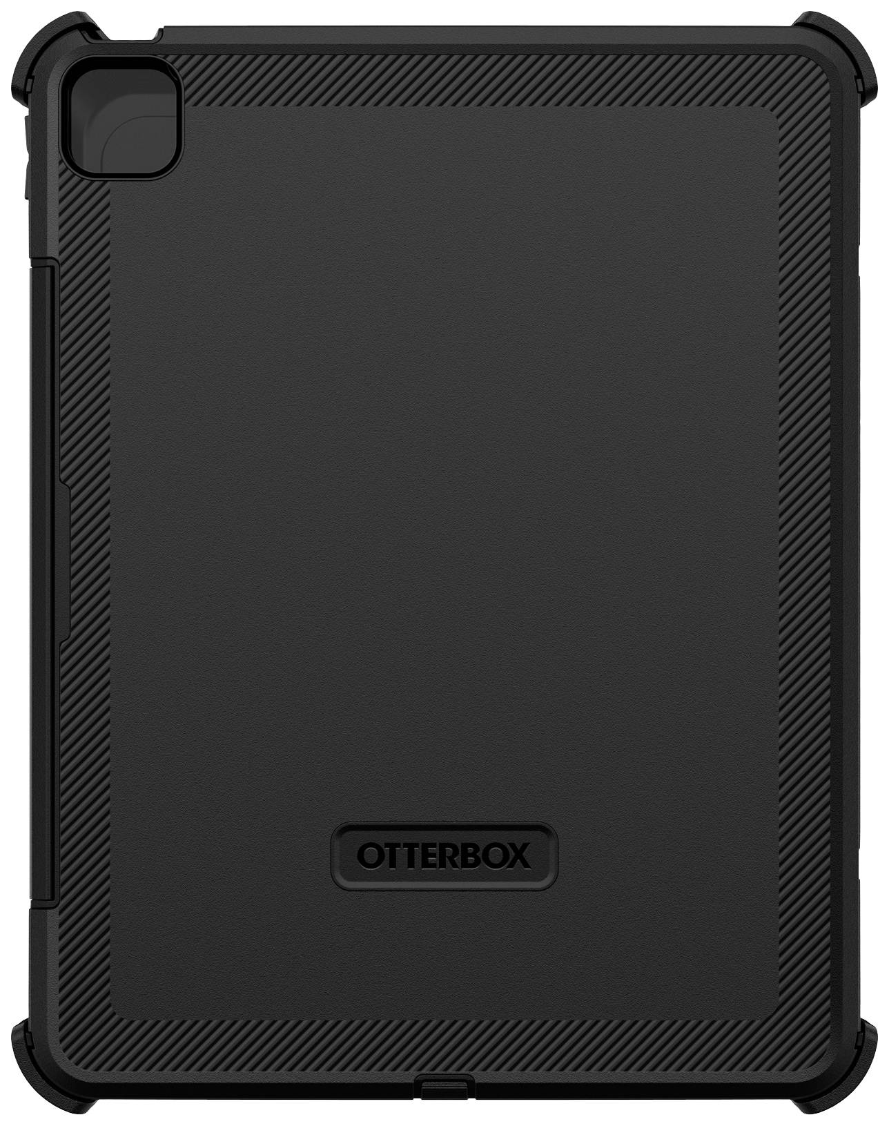 Une coque de protection OtterBox noire pour tablette, robustement construite, présentant un motif structuré sur l'arrière.