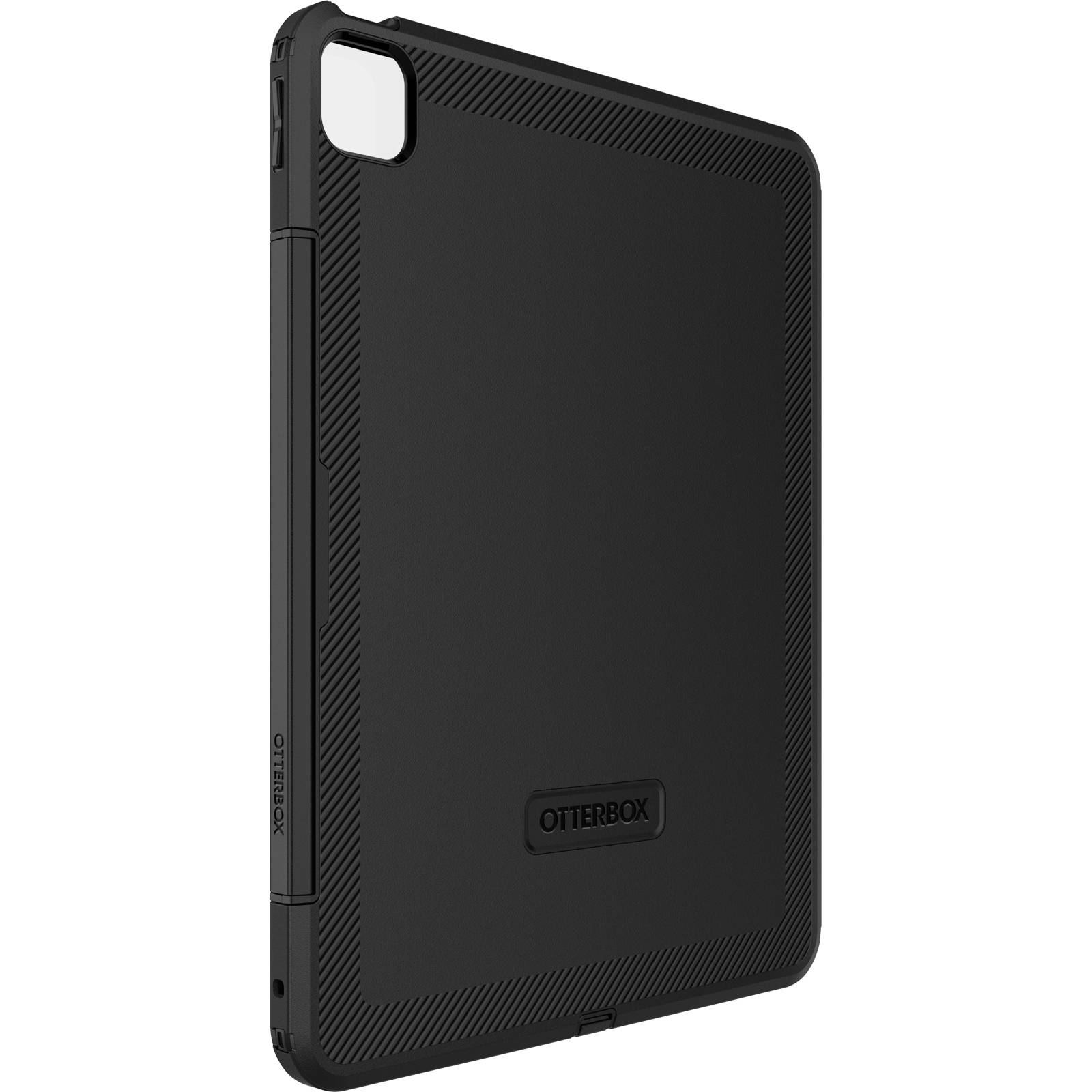 Étui de protection pour tablette OtterBox en noir, montrant le dos avec le logo au centre. Design robuste pour une protection et une sécurité optimales.