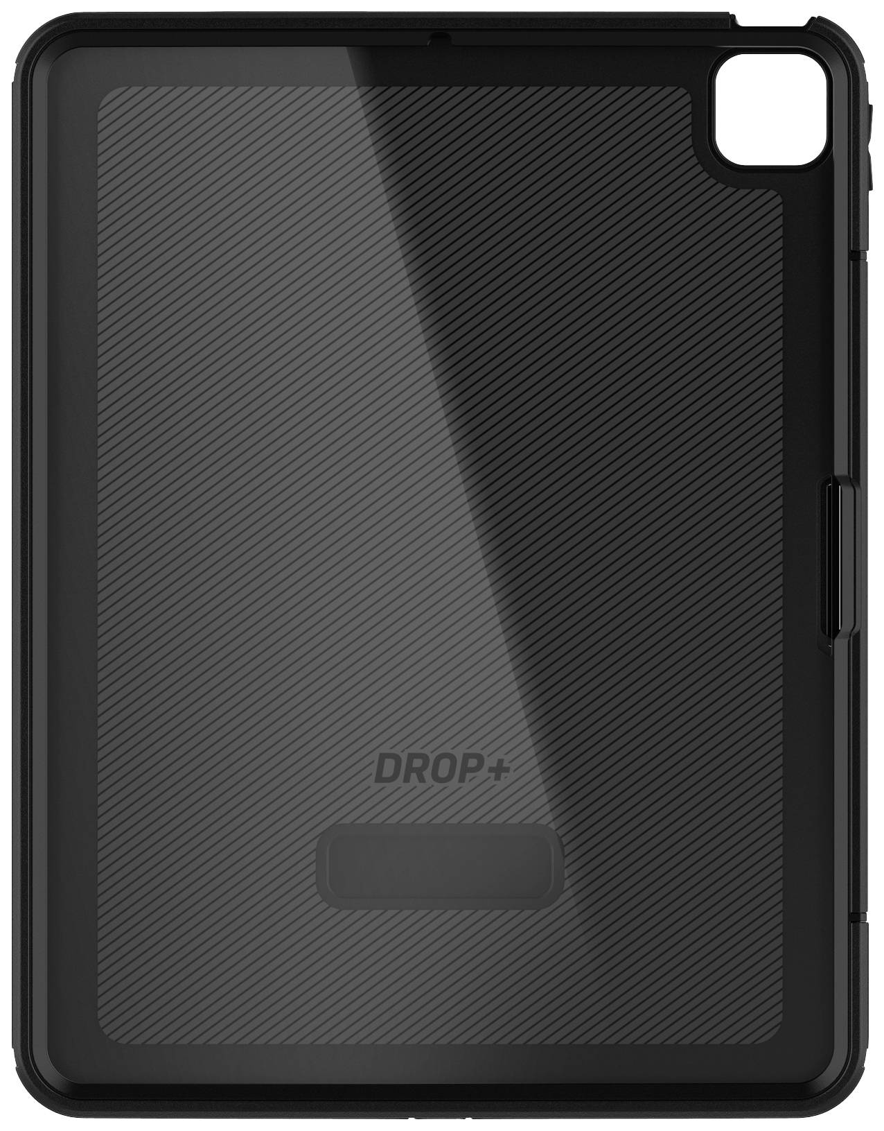 Étui pour tablette noir avec des rayures diagonales et l'inscription 'DROP+'.