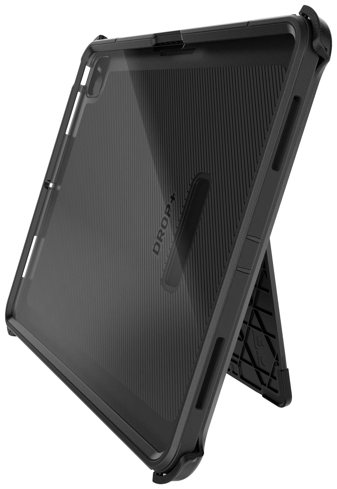 Étui de tablette en position verticale, design robuste avec des coins renforcés et support intégré, offrant une protection supplémentaire.