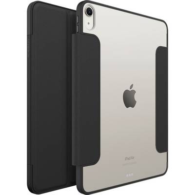 Étui folio noir ouvert à côté d'un iPad Air Apple argenté, montrant l'arrière de la tablette avec l'appareil photo et le logo Apple.