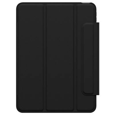Étui folio pour tablette noire avec un rabat de couverture sur le côté droit, présenté fermé sur un fond blanc.