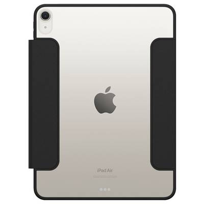 Vue arrière d'un iPad Air argenté dans une coque de protection noire, montrant le logo Apple et la caméra arrière.