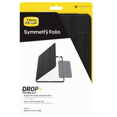 Étui OtterBox Symmetry Folio pour iPad Air 11 pouces (M2), montrant un couvre-folio pliable noir et un couvre-support gris, avec le texte « DROP+ tested ».