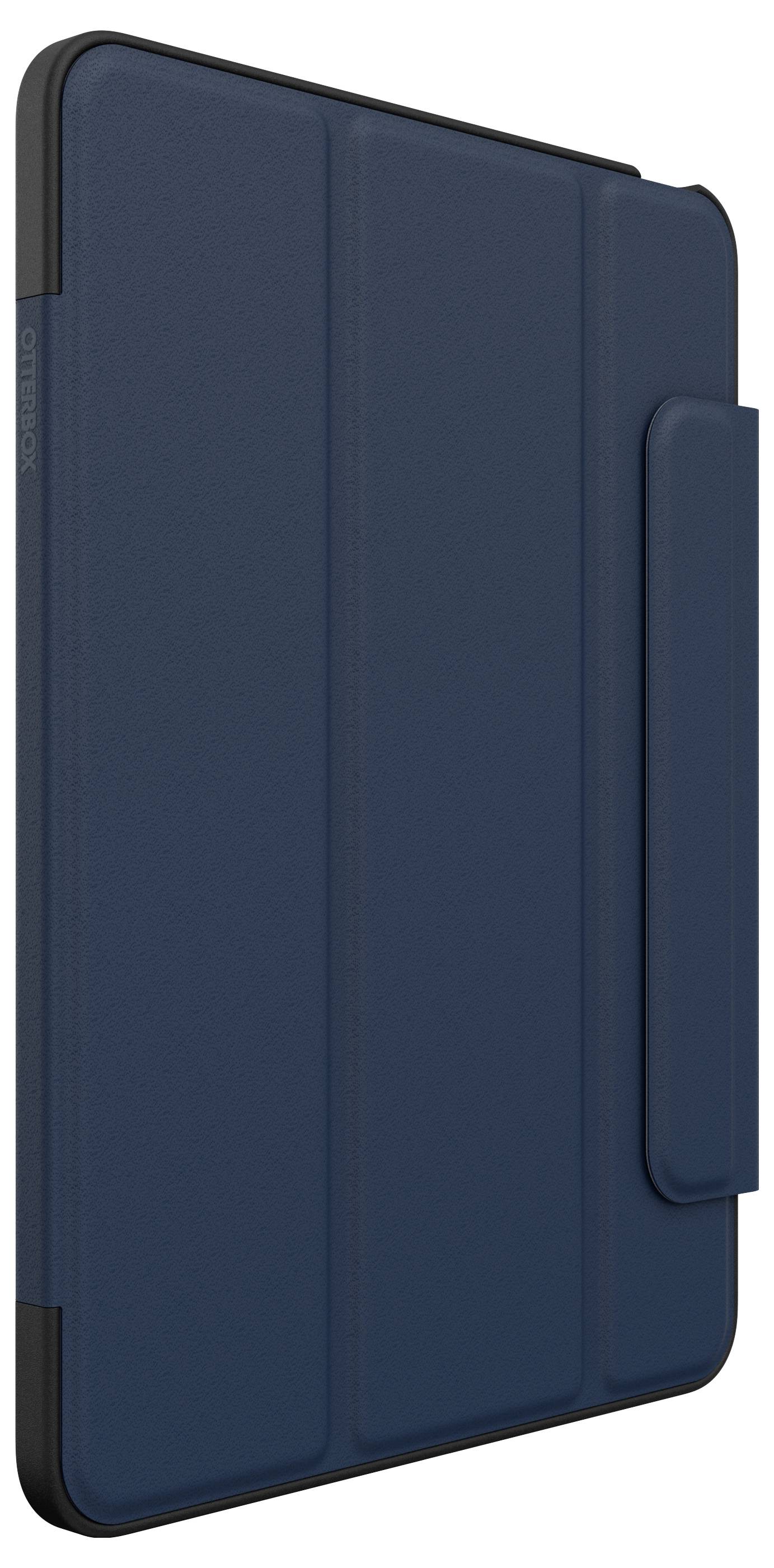 Etui folio bleu foncé pour tablette avec rabat latéral et couverture avant, présenté fermé sur fond blanc.