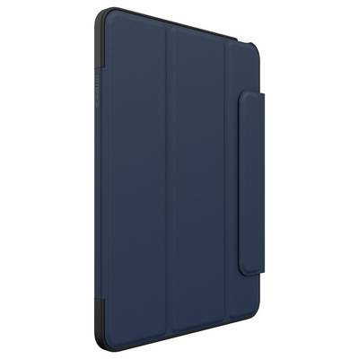 Etui folio bleu foncé pour tablette avec rabat latéral et couverture avant, présenté fermé sur fond blanc.
