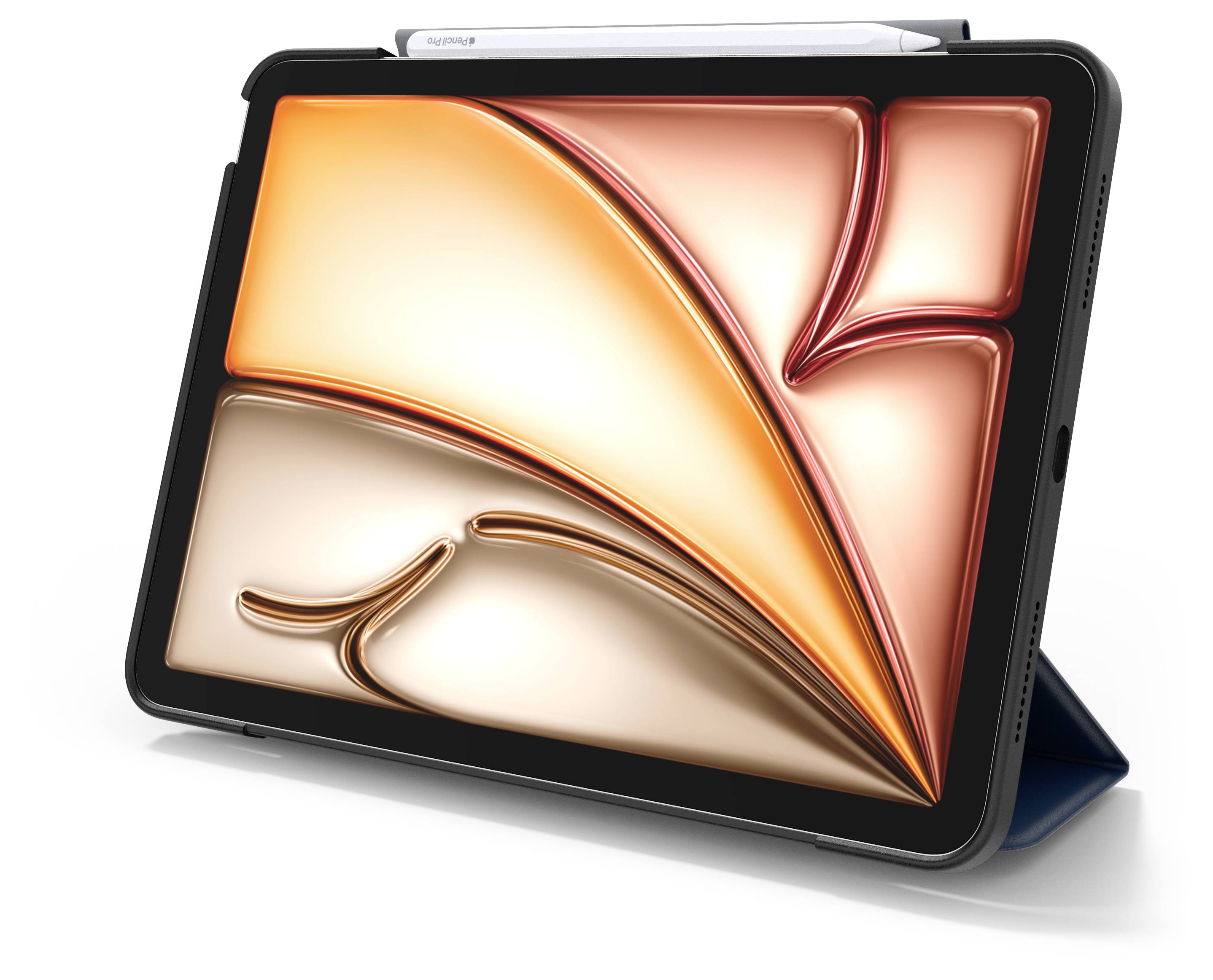 Tablette dans un étui pliable présentée sous un angle, affichant un graphique abstraite en forme de ruban orange et or sur l'écran.