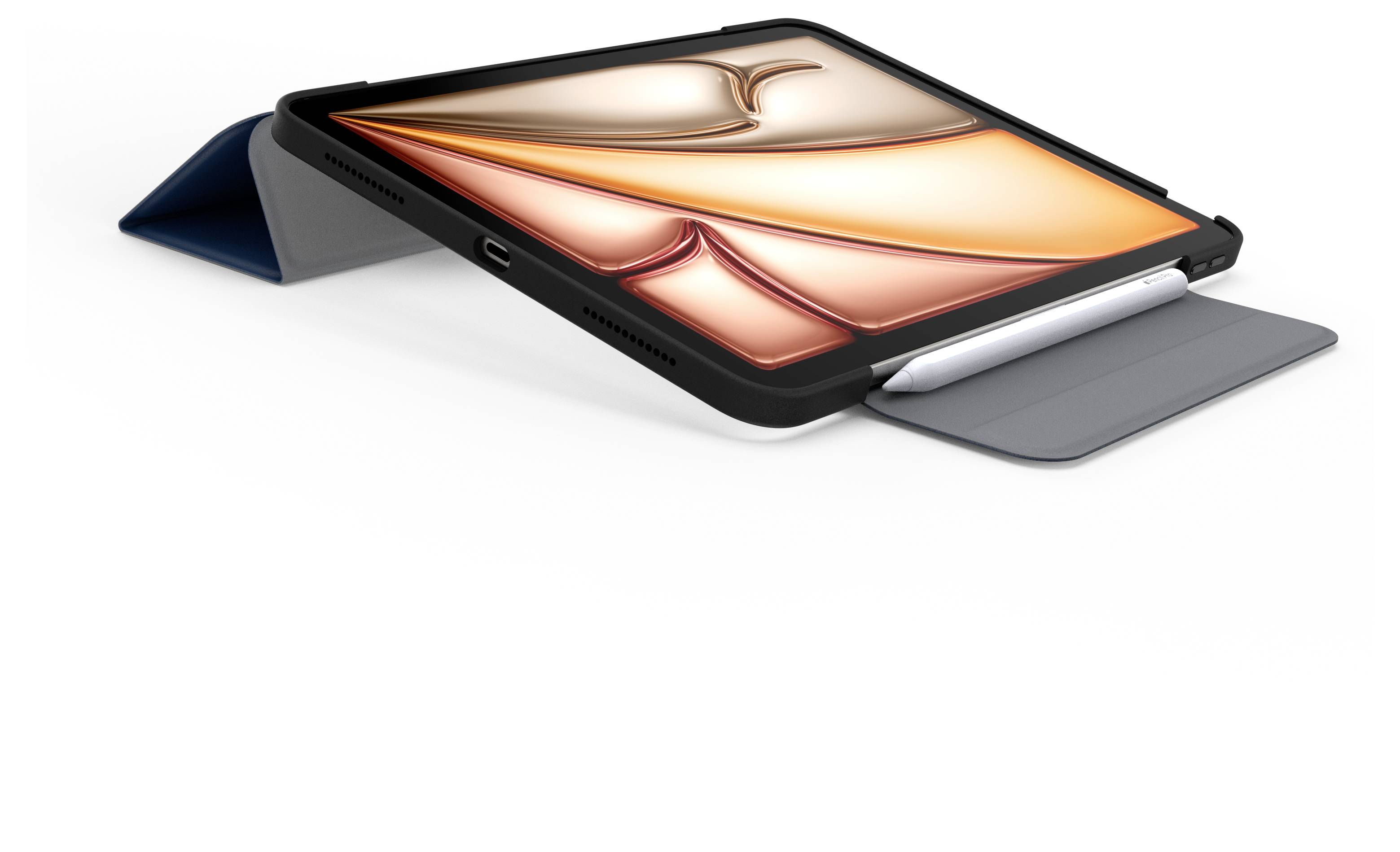 Tablette dans un étui pliable avec un stylet attaché, affichant un écran abstrait orange lumineux sur un fond blanc.