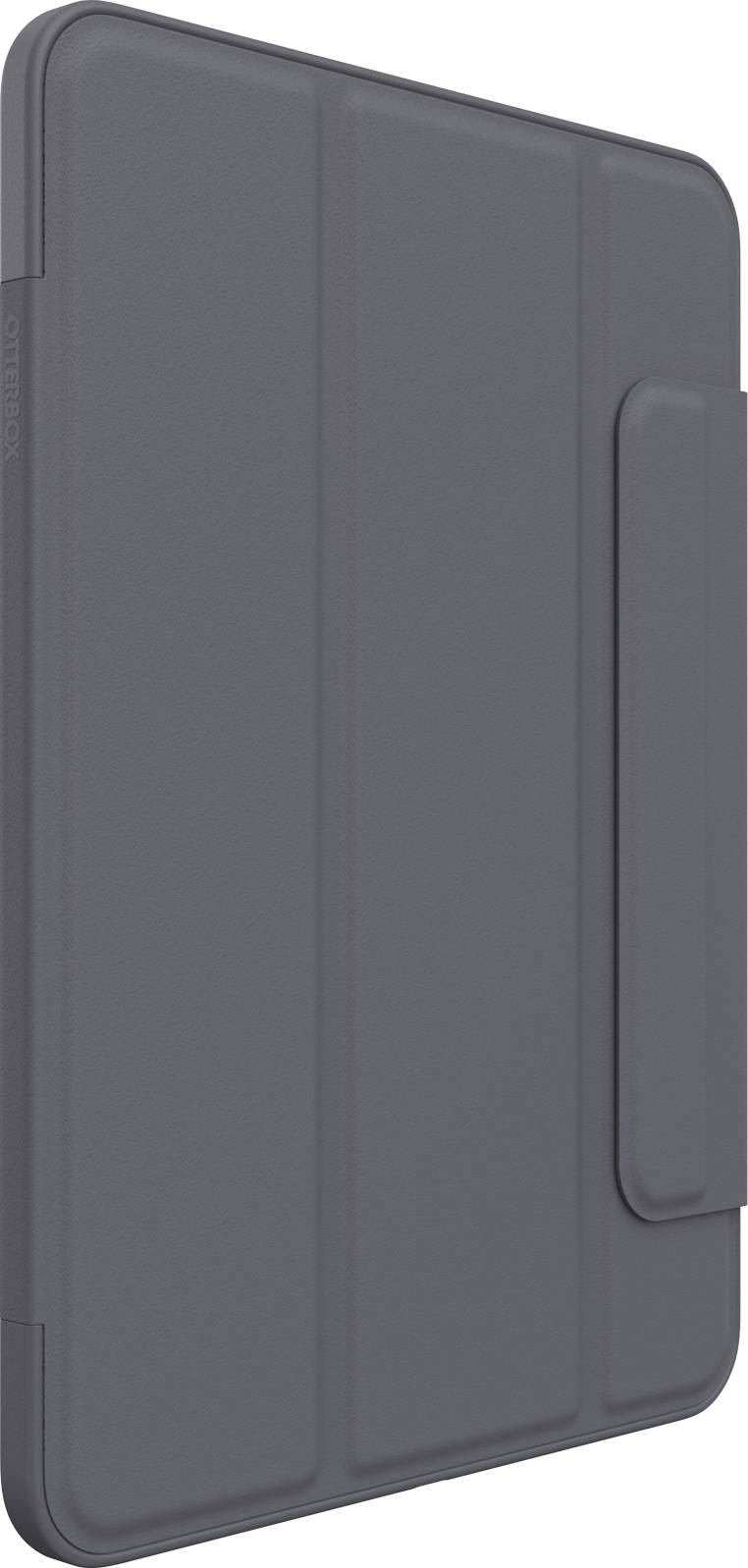 Étui de tablette gris foncé au design pliable, adapté pour le rangement ou la protection d'une tablette.