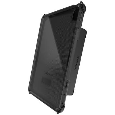 Tablette avec étui noir, présentant un design robuste et des coins renforcés pour une protection antichoc améliorée. Marque : OtterBox.