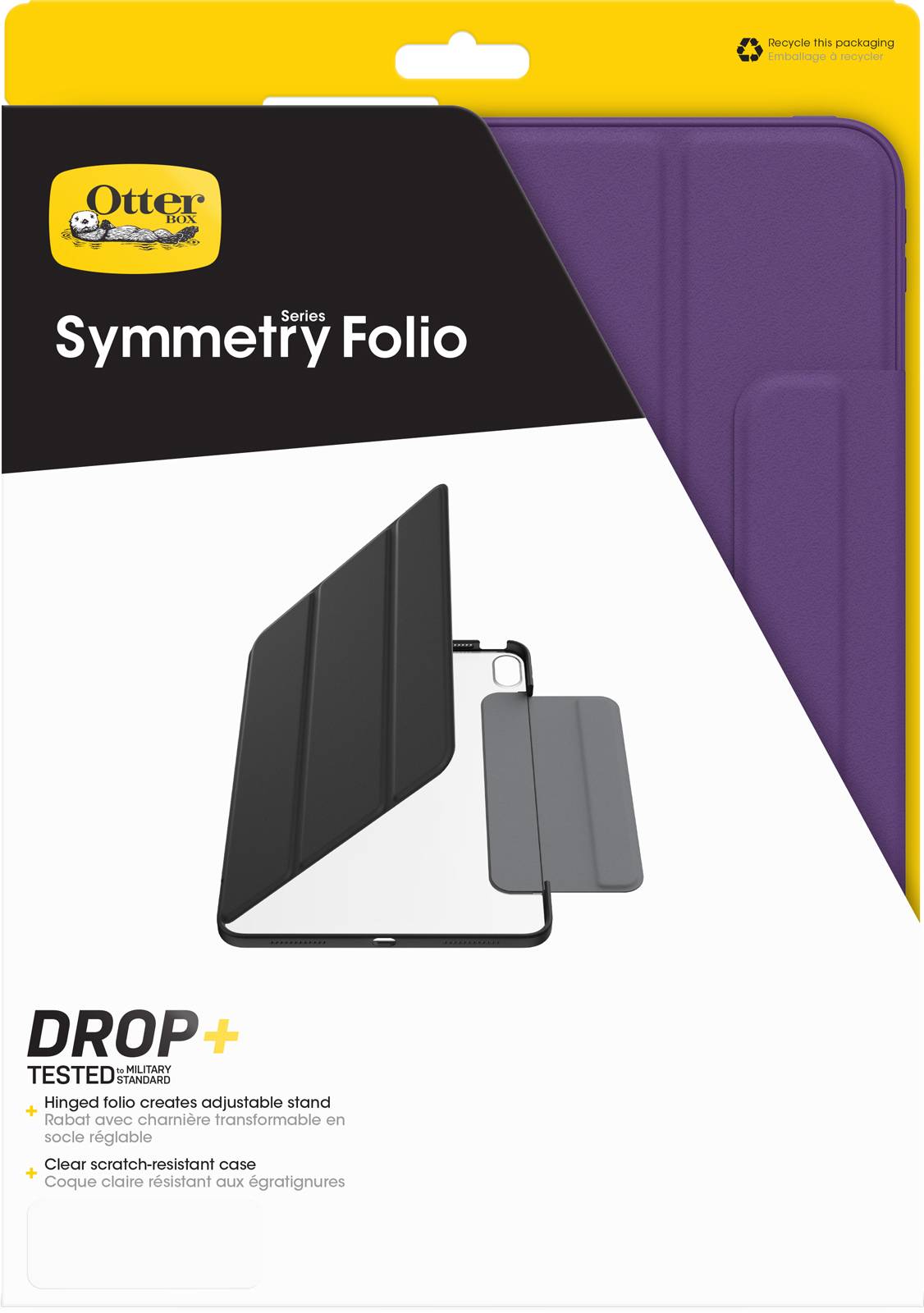Emballage d'un étui OtterBox Symmetry Folio, adapté à la tablette. Protège contre les chutes, avec support réglable.