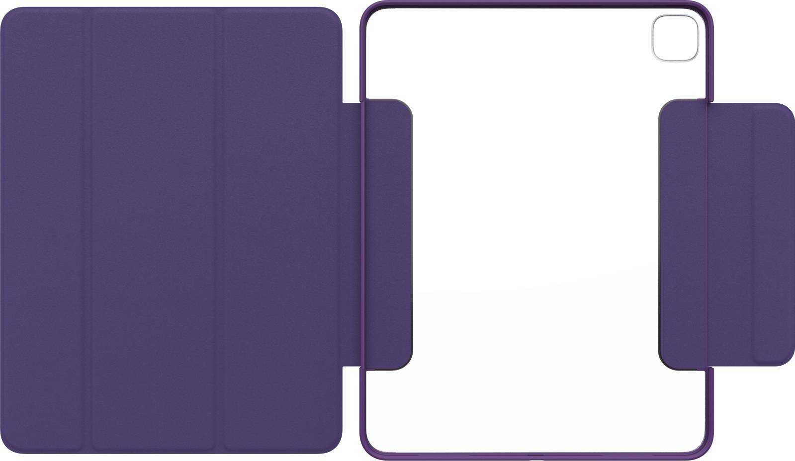 Une housse de tablette violette avec des couvercles sur les deux côtés et une découpe pour la caméra.