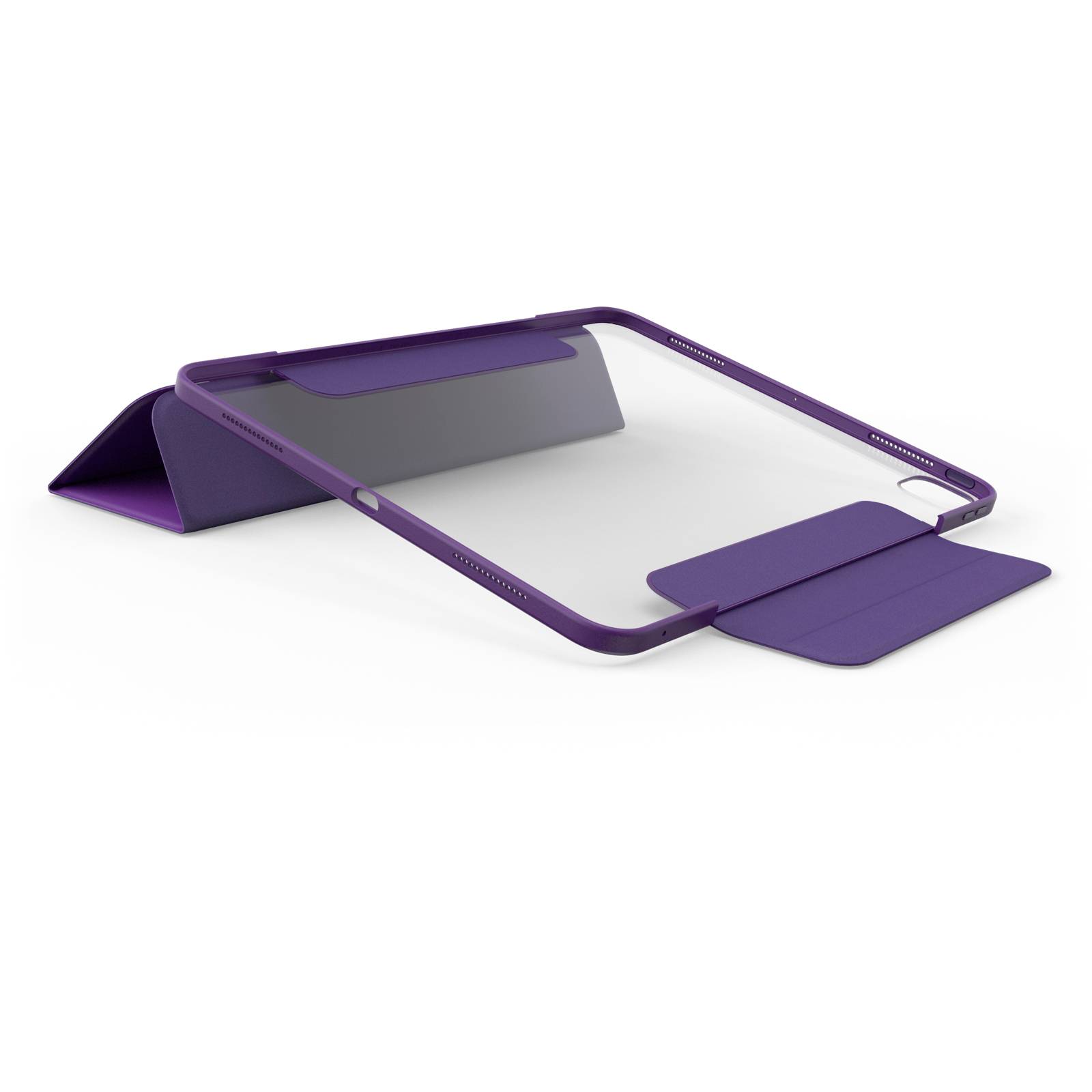 Étui de protection violet pour iPad en plastique, montré sur le côté en position ouverte.