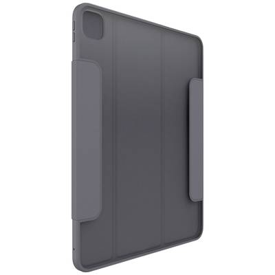 Une tablette grise avec une housse de protection est posée verticalement. L'étui comporte deux rabats latéraux pour assurer sa stabilité.