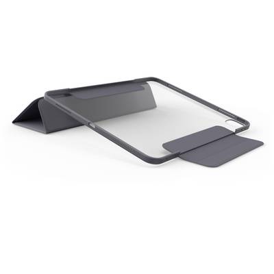 Une housse de protection sombre pour tablette, avec une fonction de support pliable, est posée sur une surface grise.