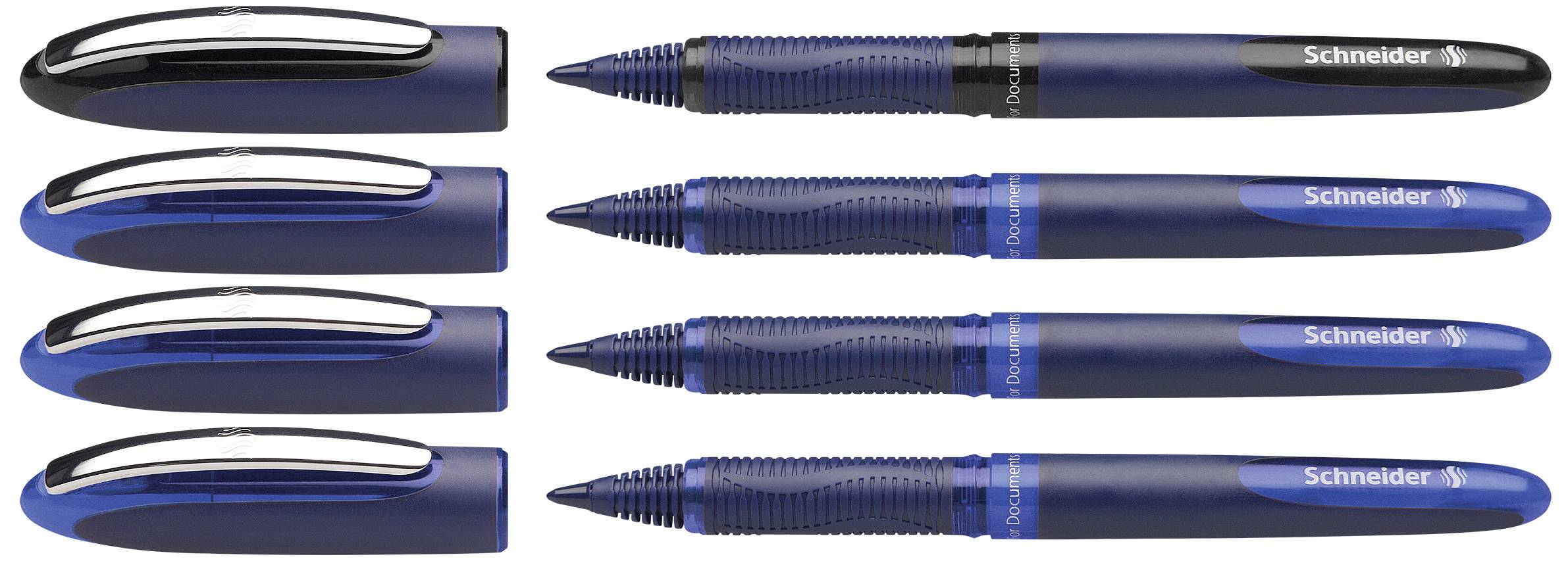 Six stylos bleus de Schneider, alignés horizontalement, chacun avec son capuchon posé séparément à côté.