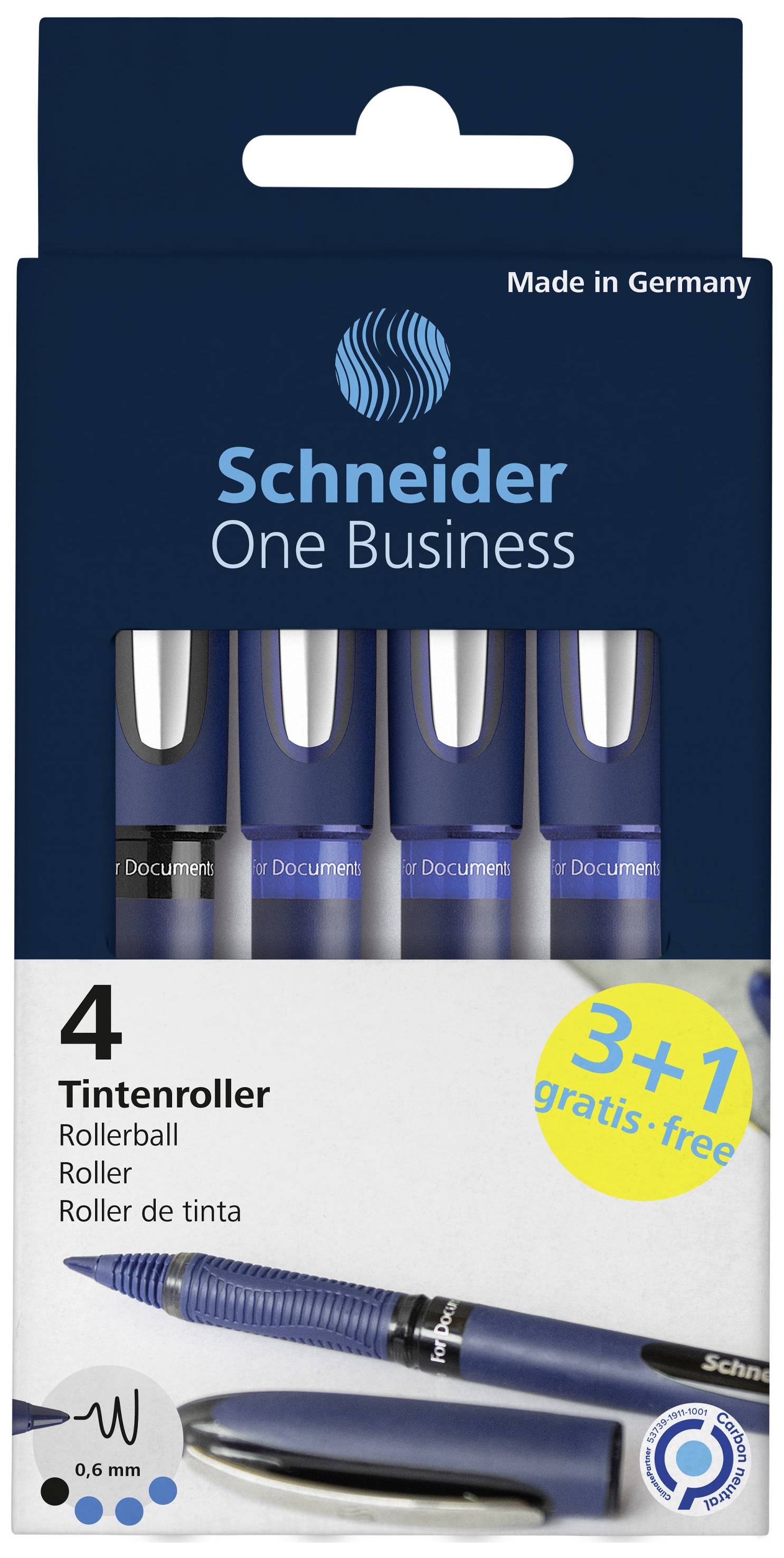 Packaging de rollers à encre 'Schneider One Business' avec quatre stylos, 3 + 1 gratuit. Fabriqué en Allemagne.