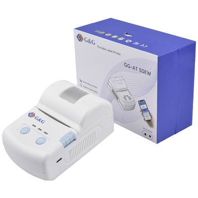 Imprimante d'étiquettes portable G&G GG-AT 50EW, blanche, à côté de son emballage. L'emballage montre l'utilisation d'un smartphone avec l'imprimante.
