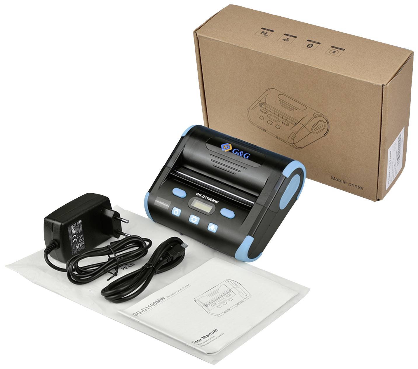 Imprimante portable avec manuel et chargeur sur fond blanc. Boîte en carton en arrière-plan.