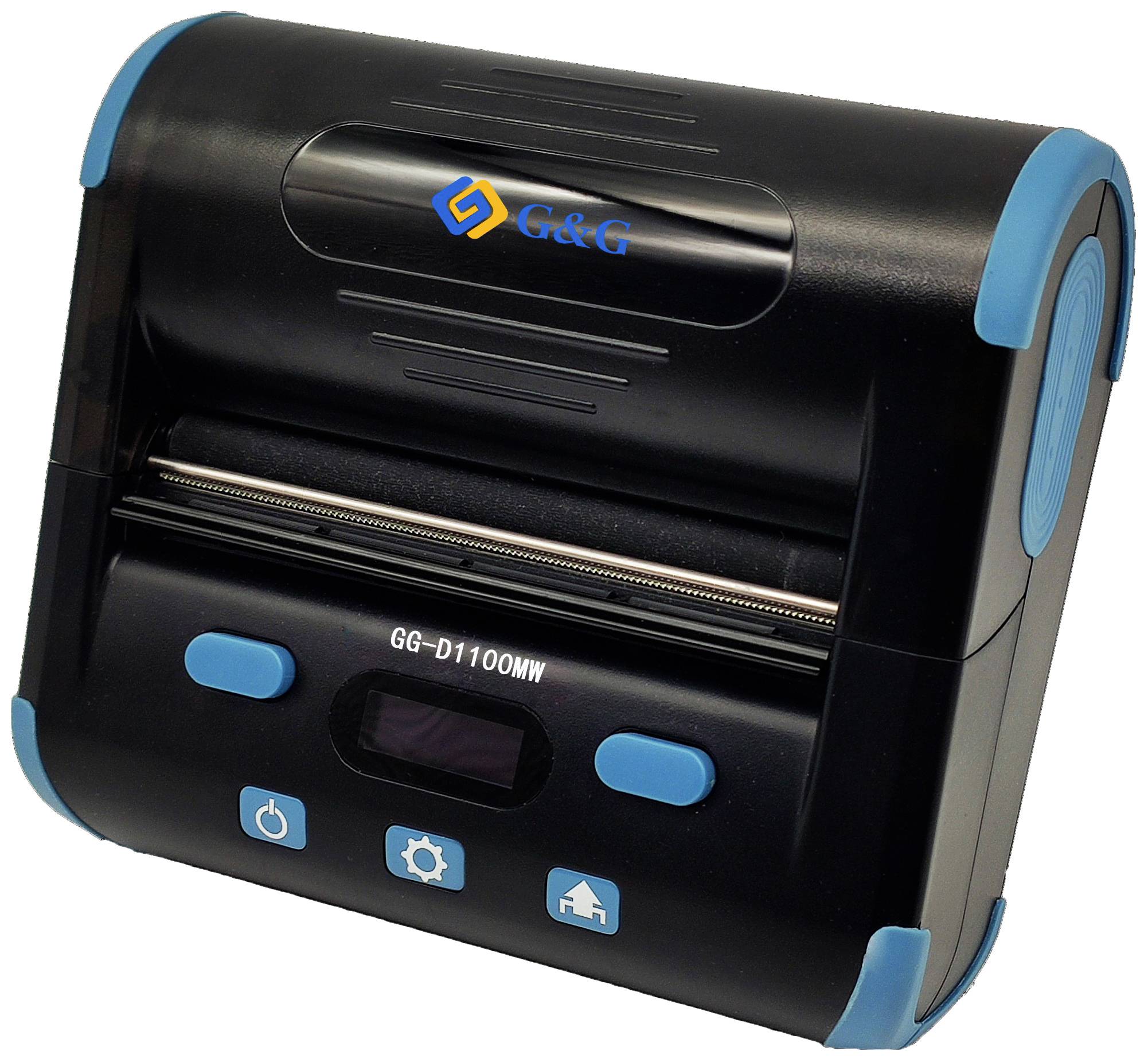 Imprimante portable en noir avec des accents bleus, la marque 'G&G' visible en haut, adaptée à un usage mobile.
