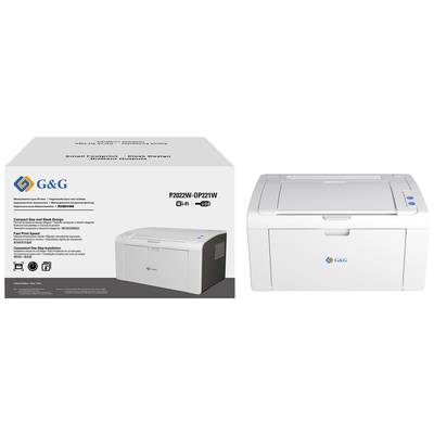 Sur l'image, on peut voir une imprimante blanche de la marque G&G, avec le numéro de modèle P2022W-0P221W. À gauche se trouve l'emballage avec les informations du produit.
