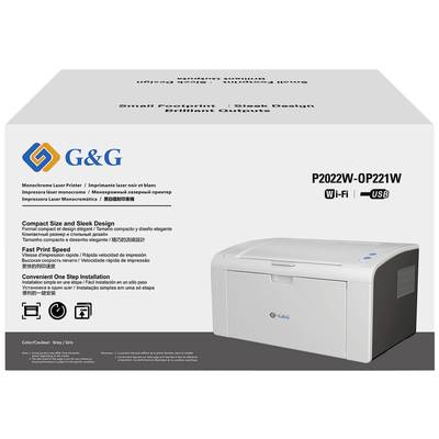 Emballage d'une imprimante laser monochrome G&G. Caractéristiques : impression rapide, compacte, installation simple via USB et Wi-Fi.