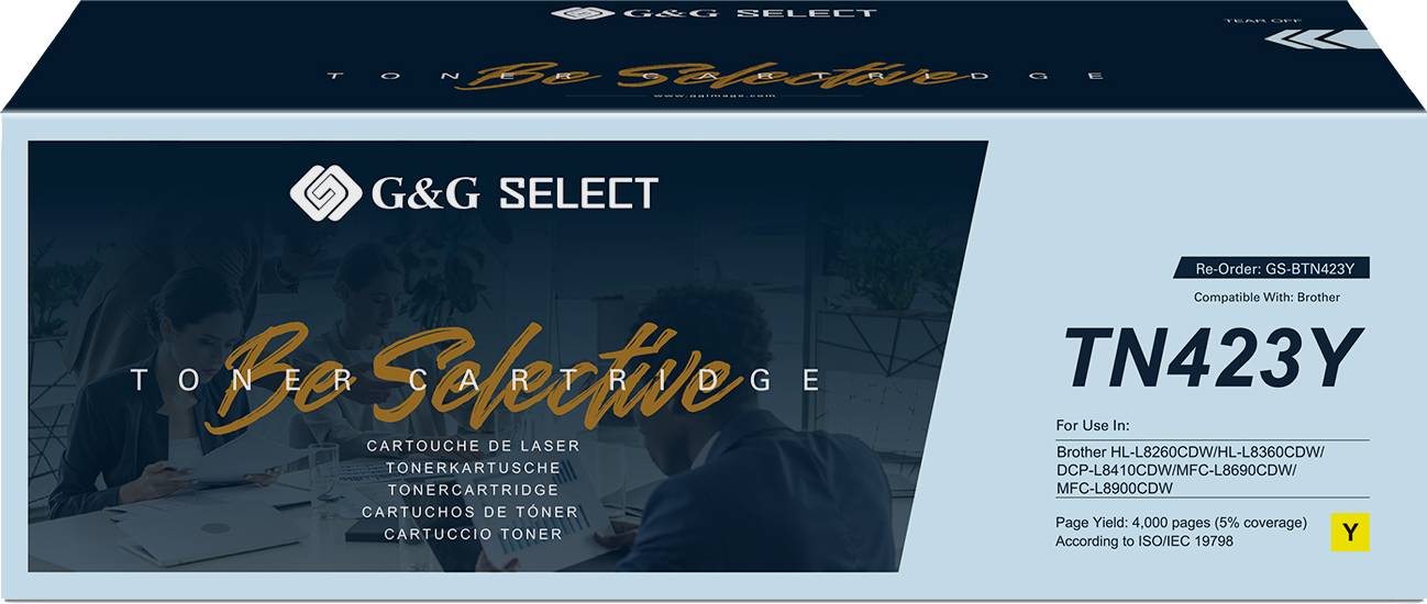 Emballage d'une cartouche de toner 'G&G Select' pour Brother TN423Y. Modèles compatibles listés. Slogan 'Soyez sélectif'.