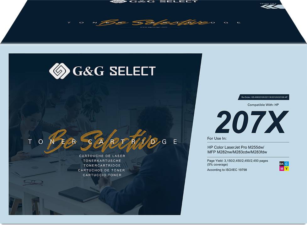 Emballage de toner pour imprimante : G&G Select 207X, compatible avec HP Color LaserJet Pro M255dw, avec image de personnes autour d'une table.