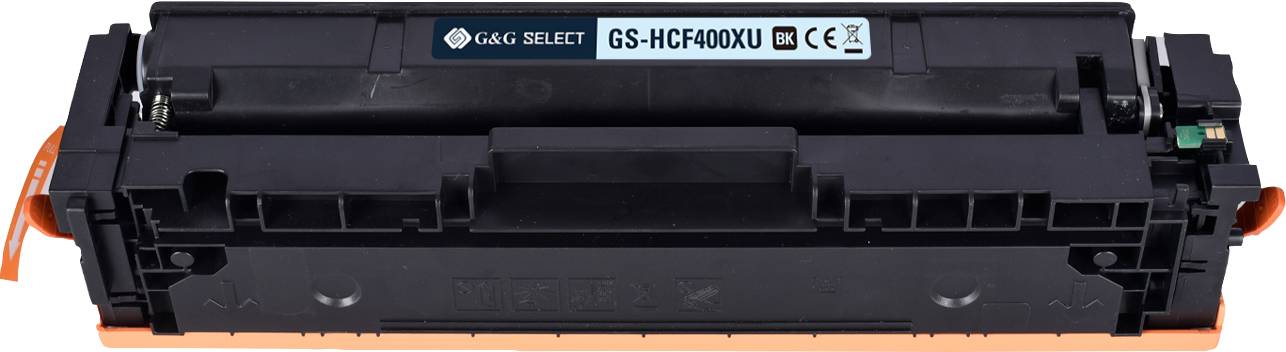 Cartouche d'encre GS-HCF400XU, noir, logo triangulaire en haut à gauche, compatible avec certains modèles d'imprimantes, marquage CE visible.