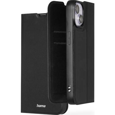 Étui de protection pour smartphone de Hama en noir, ouvert, montrant l'intérieur avec des emplacements pour cartes, adapté à un téléphone mobile avec deux objectifs de caméra.