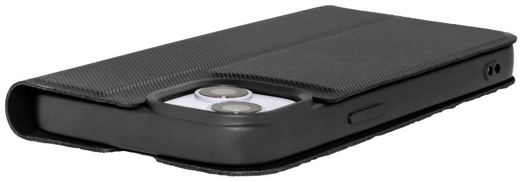 Coque de téléphone noire texturée, protectrice et élégante, couvrant intégralement le smartphone.