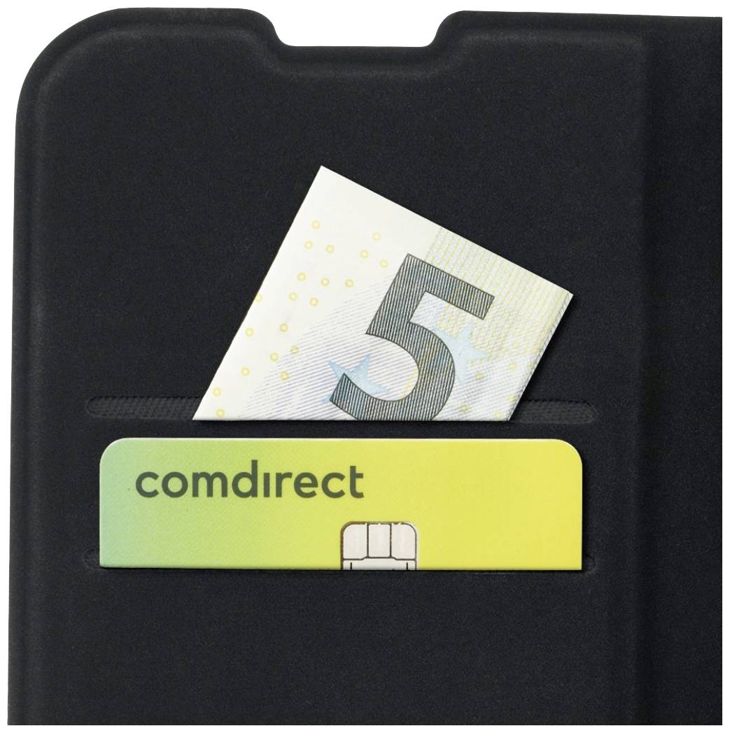 Un étui noir contenant un billet et une carte de 'comdirect' est inséré dans une fente, montrant une petite carte à puce.
