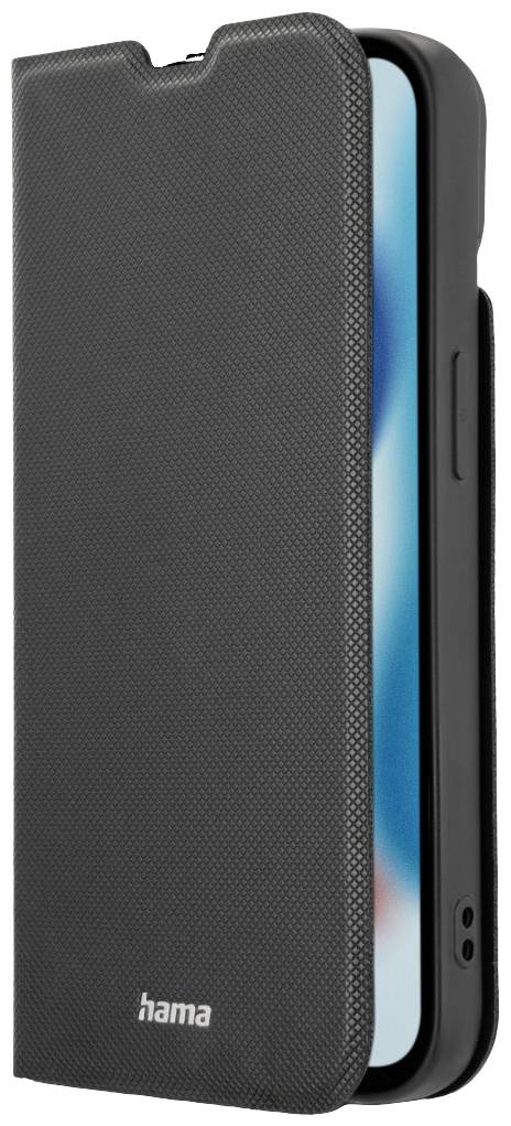 Étui noir Hama pour téléphone portable avec surface texturée, ouvert, montrant un smartphone avec écran.