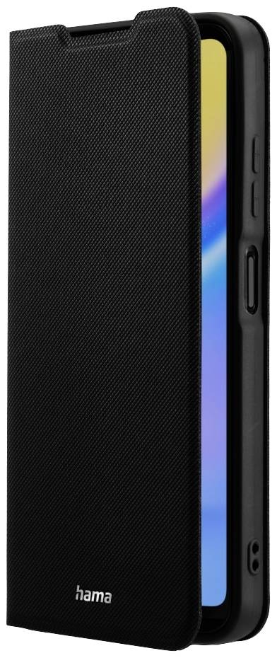 Étui à rabat noir pour smartphone Hama, ouvert, avec un smartphone affichant un écran coloré.
