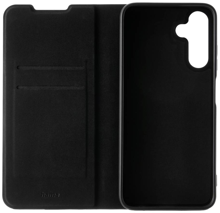 Étui de téléphone noir avec des pochettes pour cartes à l'intérieur. Adapté pour un smartphone doté d'un appareil photo arrière.