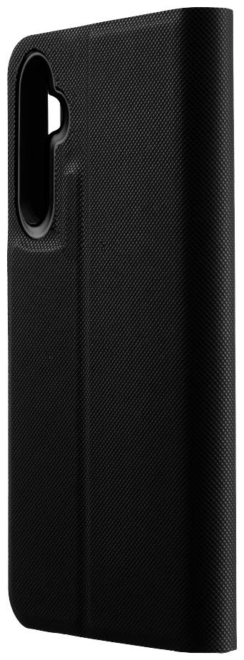 Une coque de protection noire pour smartphone en vue verticale, montrant le côté gauche avec un découpage pour l'appareil photo.