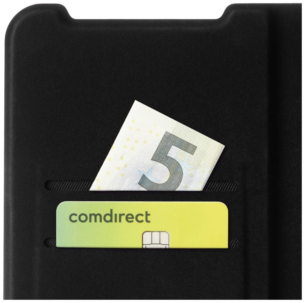 Un étui noir contenant une carte de crédit jaune de la marque 'comdirect' et un billet de 5 euros dépassant.