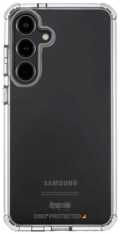 Une coque de smartphone transparente montre l'arrière d'un appareil Samsung avec trois objectifs d'appareil photo. Les noms de marque 'hama' et 'DOO' sont visibles.
