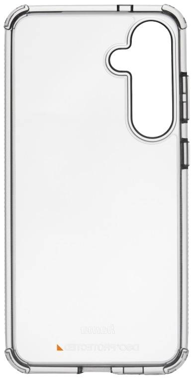 Coque de téléphone transparente avec coins renforcés, conçue pour protéger un smartphone doté de trois ouvertures pour caméras.