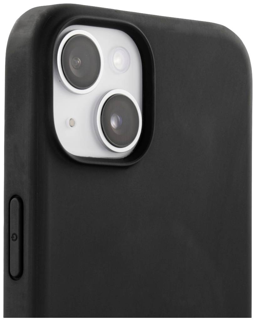 Coque de smartphone noire en caoutchouc avec deux grandes découpes pour les caméras, adaptée à un téléphone mobile doté de deux objectifs.