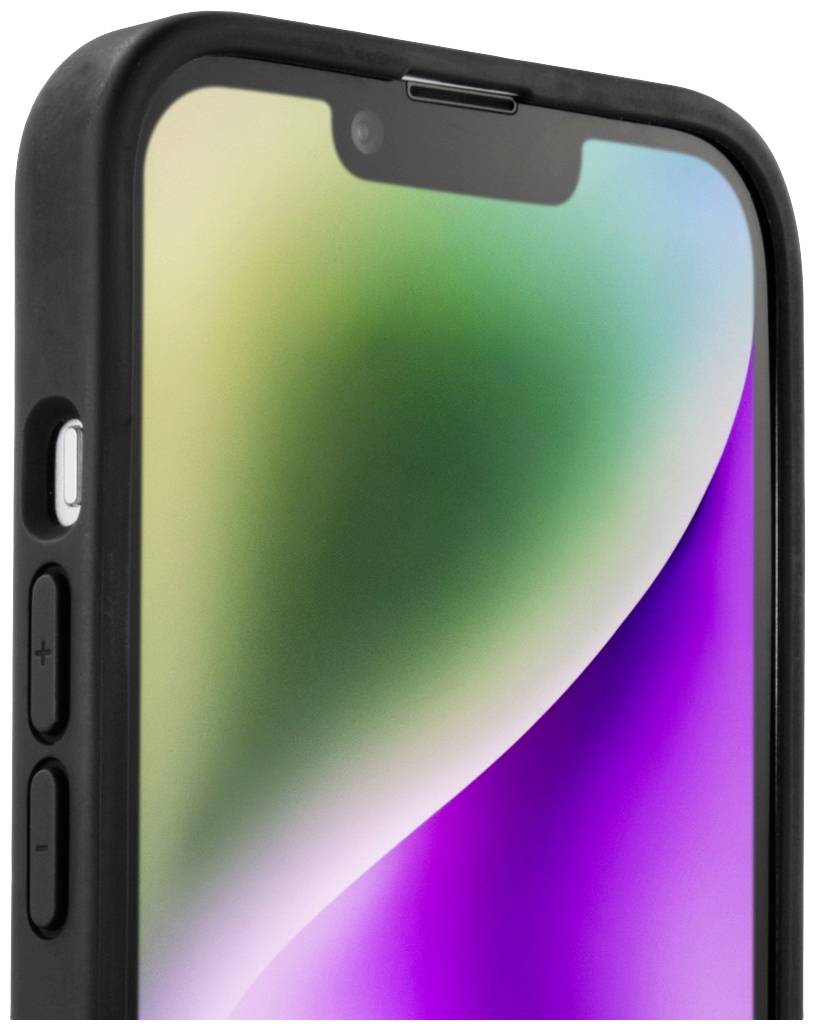 Smartphone au boîtier noir, l'écran affiche des dégradés de couleurs fluides en violet et vert.