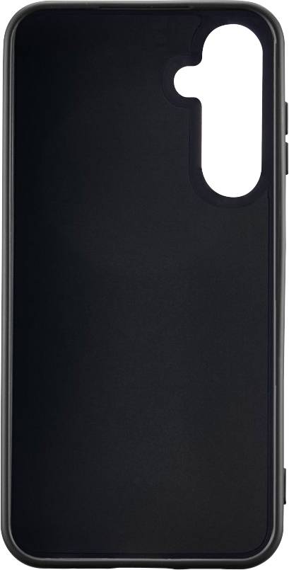 Coque de smartphone noir avec découpe pour l'appareil photo et les boutons sur le côté droit. Design simple et lisse.
