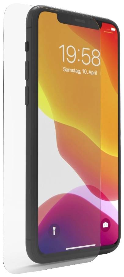 Smartphone avec un écran affichant la date et l'heure '19:58, samedi, 10 avril'. Image de fond abstraite et colorée.