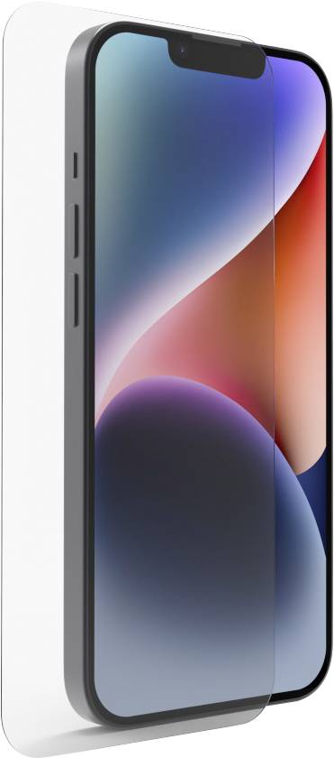 Un smartphone moderne avec un grand écran affiche un fond d'écran abstrait et coloré dans des tons de bleu et de rouge.